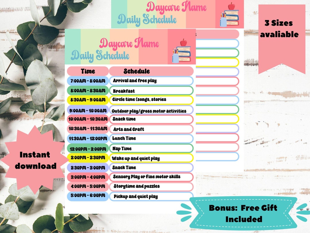 Editable and Printable Daily Daycare Schedule, Childcare Center ...