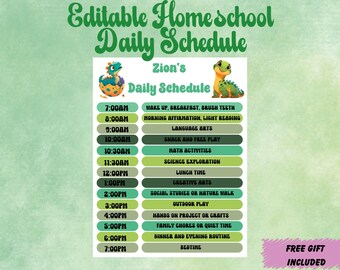Homeschool Daily Schedule, Green boys, Dino theme, Kids Daily Schedule Template, Responsibility Chart, Chore Chart
