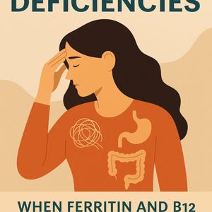 May include: An illustration with the text "HIDDEN DEFICIENCIES" at the top and "WHEN FERRITIN AND B12 SPEAK LOUDER THAN NUMBERS" at the bottom. The image depicts a person with their hand on their forehead, with internal organs illustrated on their torso.