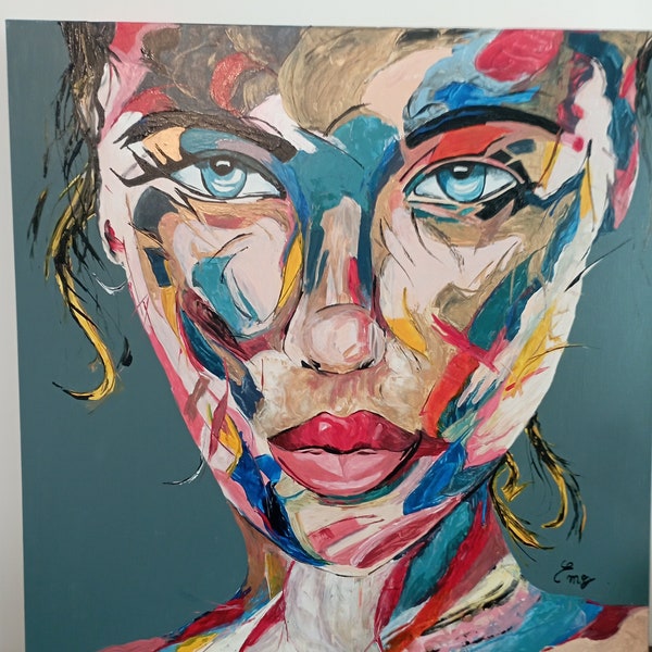 Tableau fait par Emy. 80X80cm. Portrait acrylique couleur de femme inspiration Pop Art. tableau réalisé aux couteaux