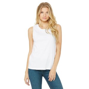 May include: A white sleeveless tank top made of a soft material. The top is paired with blue jeans. The model is standing in front of a white background.