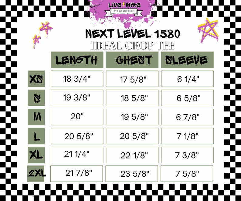 May include: A size chart for the "Next Level 1580 Ideal Crop Tee" with measurements in inches. The chart includes length, chest, and sleeve dimensions for sizes XS to 2XL. The background has a black and white checkered pattern.