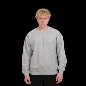 May include: A heather gray crew neck sweatshirt with long sleeves. The sweatshirt is a solid color and has a ribbed hem and cuffs. The model is wearing black pants.