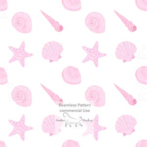 May include: A seamless pattern featuring various pink seashells, starfish, and spiral shells on a white background. The design includes different shell shapes and sizes, creating a repeating, aquatic theme. The text "Seamless Pattern commercial Use" is also visible.