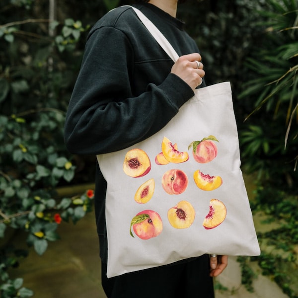 Watercolor Peach Tote Bag, Peach Lover Gift, Cute Peach Tote Bag, Canvas Bag, Aesthetic Bag, Casual Canvas Tote, Gift Tote Bag