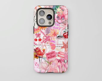 Custodia per telefono rosa con collage Martini sporco, ragazza di città alla moda, estetica preppy, iPhone 15 14 13 12 11 Pro Max 8 Plus Samsung Galaxy S23 S22 # 352