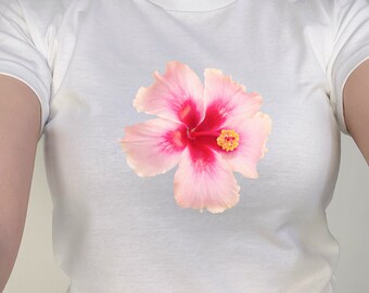 Pink Hibiscus Flower 90s Baby Tee | Aesthetic Tomato Girl