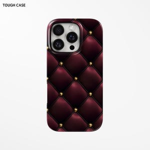 Luxury Quilted iPhone Case – Printed Burgundy Faux Leather Look with Gold Stud Pattern, Vintage Aesthetic Gift Cover for iPhone 16 15 #465