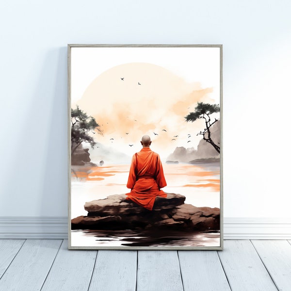 Meditating Buddhist Monk Poster - Watercolor Zen Art, Contemporary Feng Shui Decor, Tranquil Meditation Wall Print