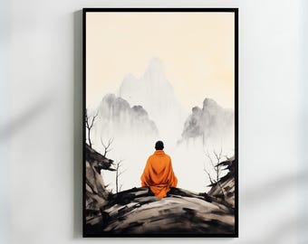 Buddhist Monk Art Print: Minimalist Zen Meditation, Peaceful Home Decor