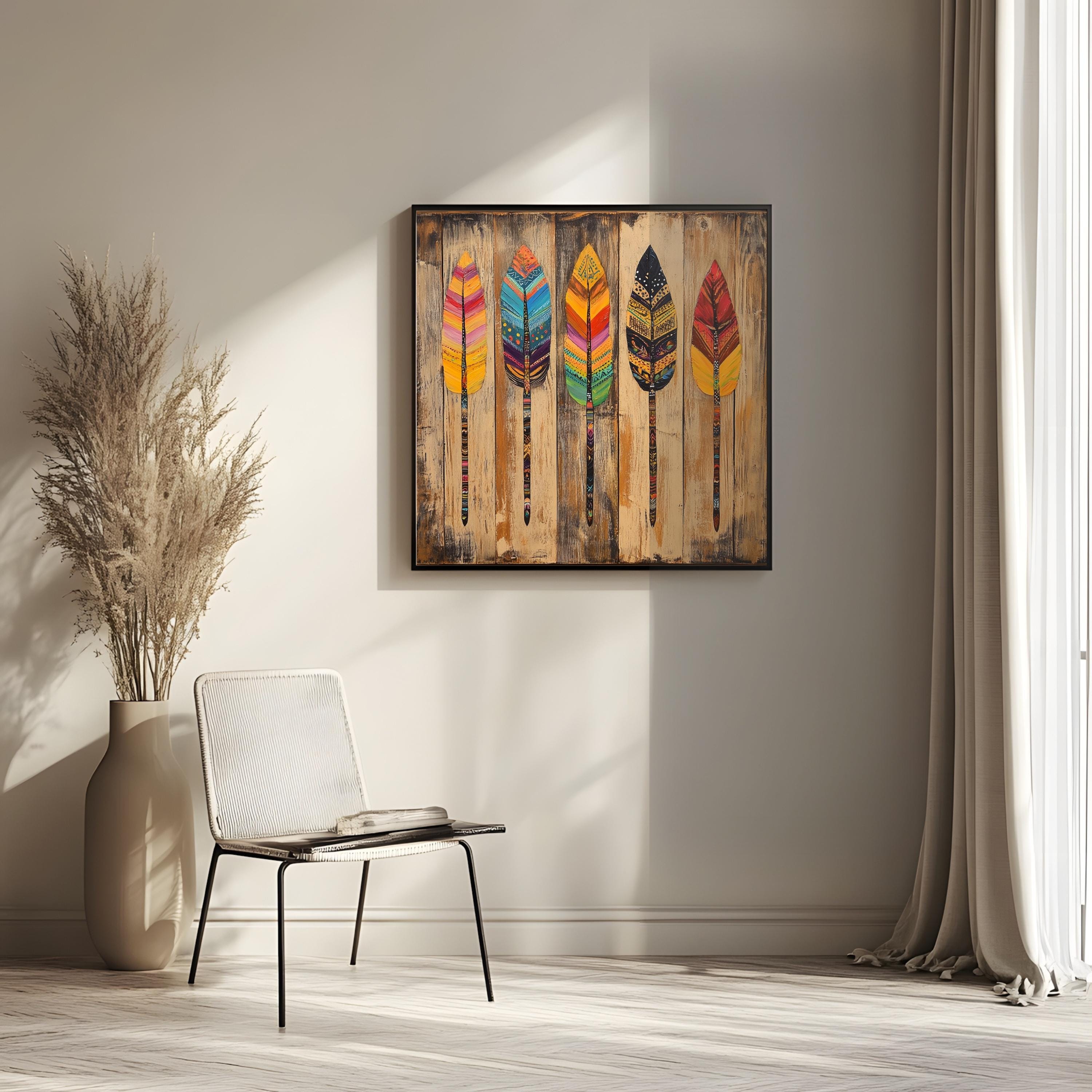 Native American Inspired Boho Feather Art Print Vibrant Wall Decor ...
