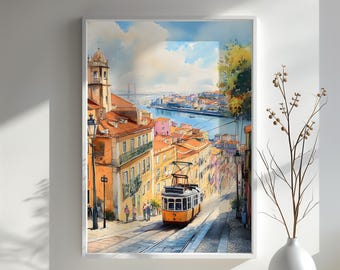 Lisbon Tram Art Print Matte Giclee | Lisbon Street Scene Wall Art | Portugal Travel Print | Yellow Tram Decor | Lisbon Gift for Travelers