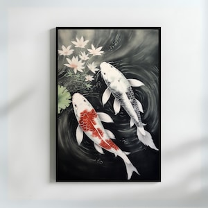 Japanese Koi Fish Painting with Lotus Flowers Traditional Japanese Ink Art Zen Pond Wall Decor Tranquil Water Garden Watercolor Gift