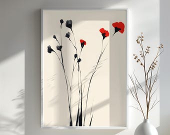 Póster floral minimalista en rojo y negro, elegante impresión artística de flores, regalo perfecto para amantes de la naturaleza, decoración moderna para el hogar, regalo de arte botánico