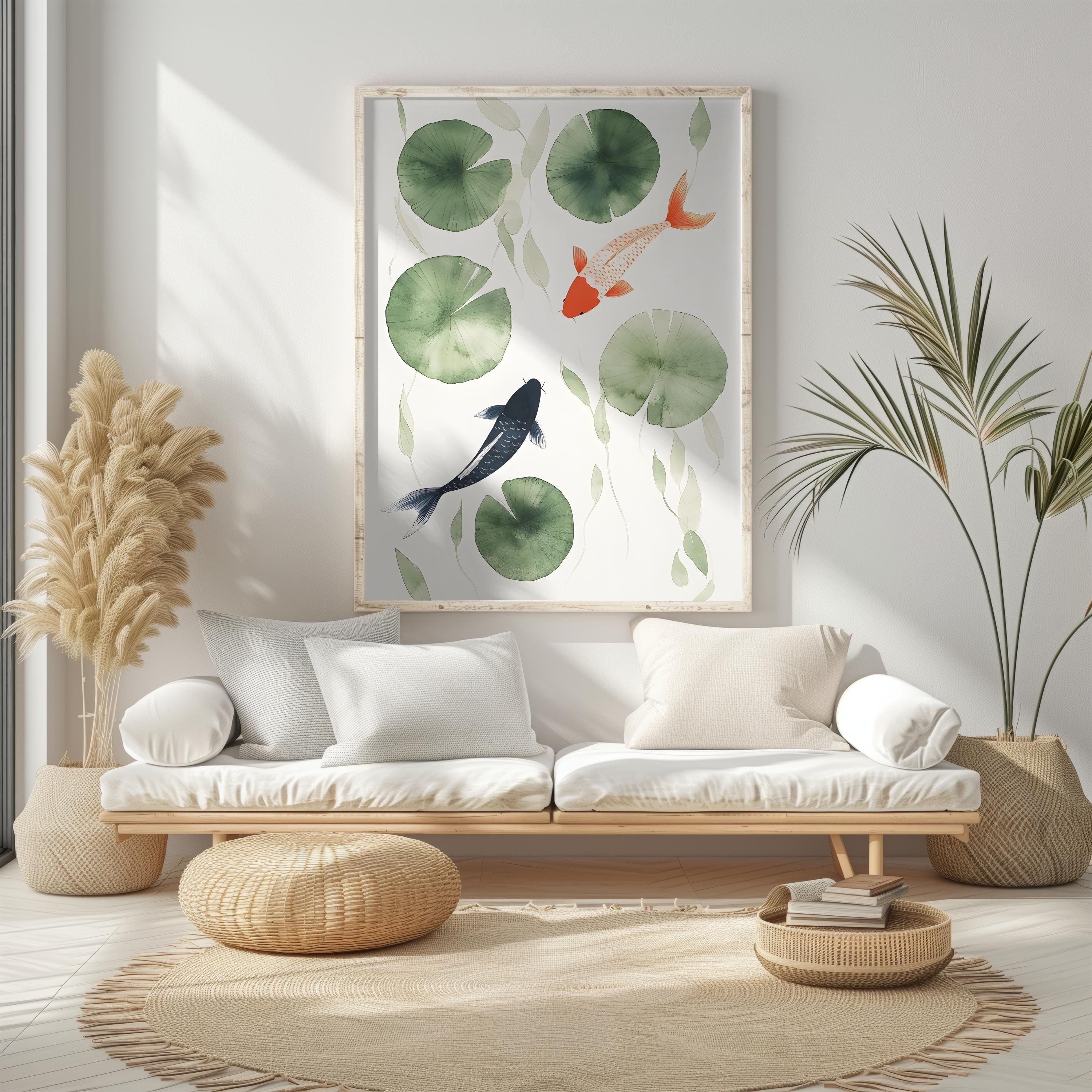 Koi Fish Art Print Japanese Minimalist Wall Decor Serene Lily Pond ...
