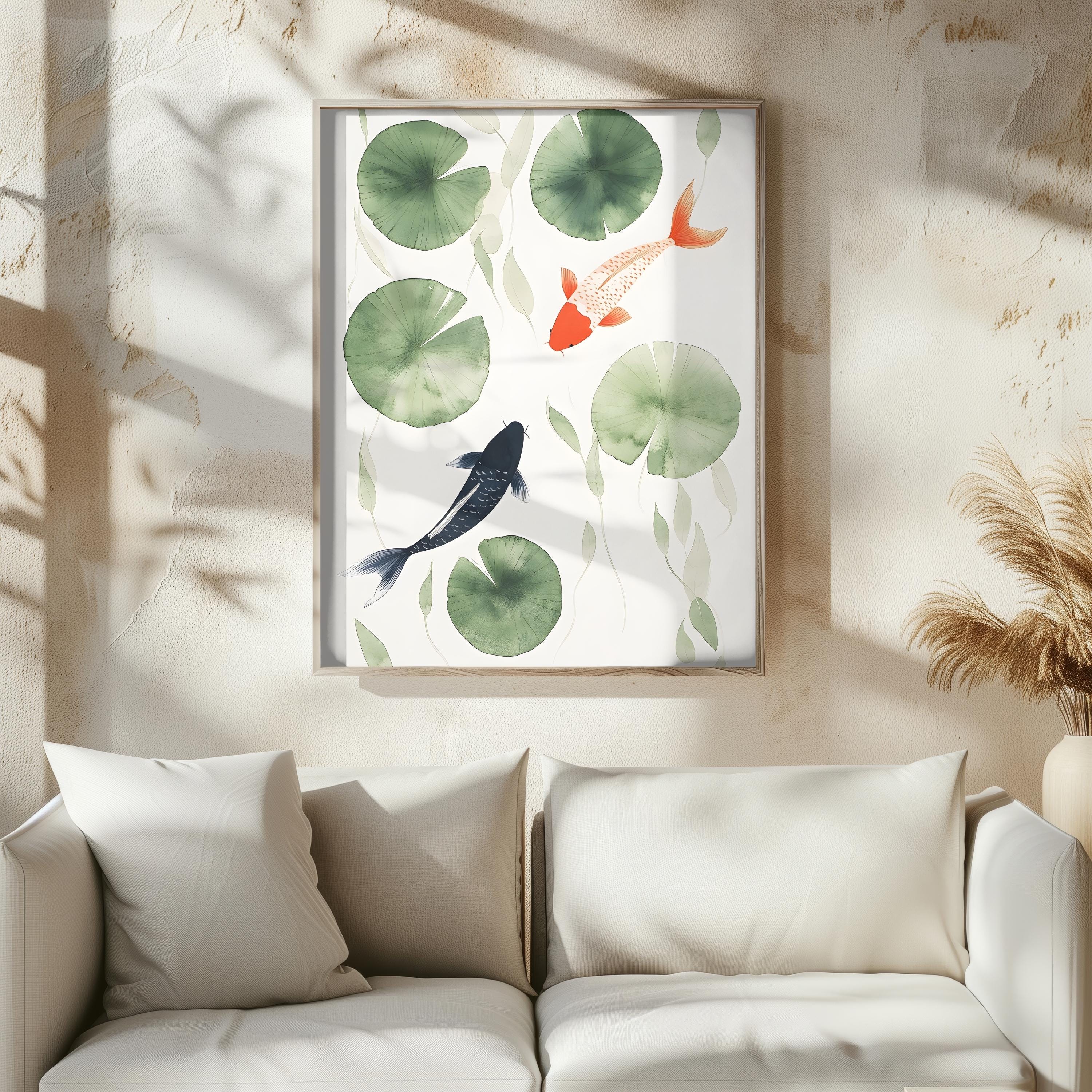 Koi Fish Art Print Japanese Minimalist Wall Decor Serene Lily Pond ...
