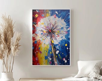 Abstract Dandelion Art Print, Colorful Burst Giclée Painting
