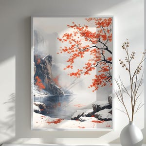 Japanese Maple Tree Art Print Winter Scene Zen Landscape Decor Serene Red Leaves Wall Art Gift Minimalist Nature Artwork for Home Decor