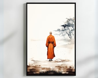 Buddhist Monk Walking Art Print Minimalist Zen Wall Art Meditative Decor Art Gift Peaceful Home Decor Gift