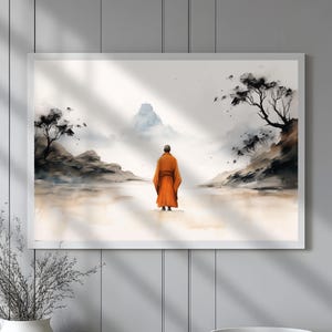 Zen monnik meditatie Art Print rustig landschap Aziatisch minimalistisch decor perfect cadeau voor liefhebbers van mindfulness en spiritualiteit
