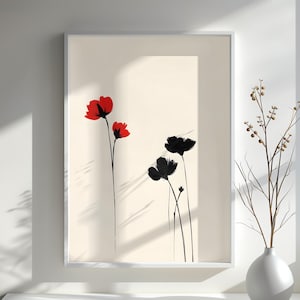 Impresión de arte floral minimalista, póster de flores rojas y negras, regalo perfecto para amantes de la naturaleza, decoración serena para el hogar, arte de pared floral, regalo de arte moderno
