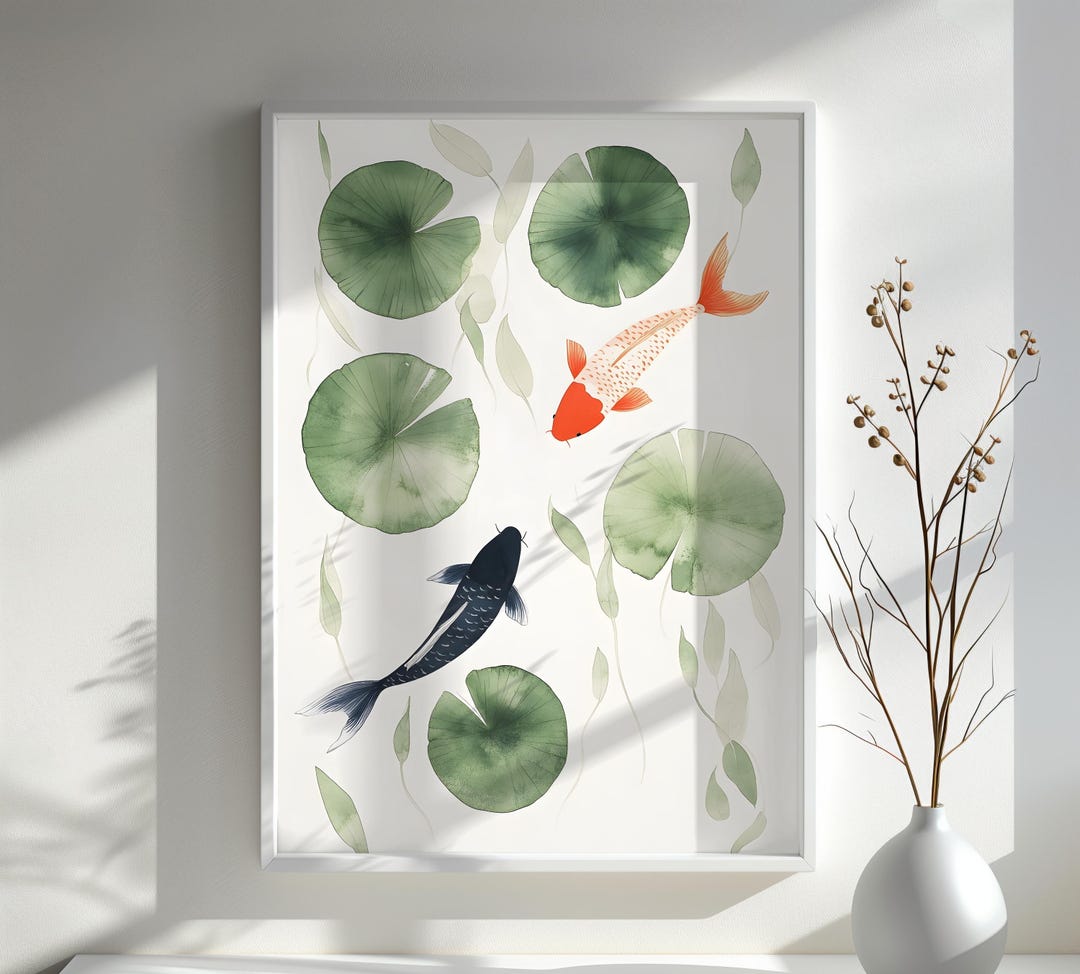 Koi Fish Art Print Japanese Minimalist Wall Decor Serene Lily Pond ...