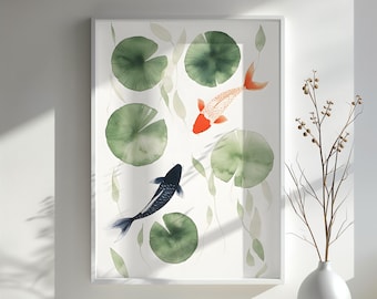 Koi Fish Art Print Japanese Minimalist Wall Decor Serene Lily Pond Nature Print Koi Fish Gift Art for Home Decor Art Gift