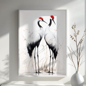 Paire de grues couronnées rouges japonaises, impression d'art aquarelle, art mural grue minimaliste, décoration d'inspiration asiatique, cadeau pour les amoureux de la nature