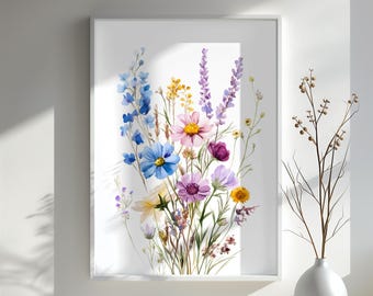 Konsttryck med vildblomsbukett | Färgglad akvarell blomdekor