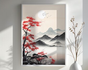 Japanse landschapskunst print rode esdoorn minimalistisch berglandschap Zen muur kunst cadeau voor natuurliefhebbers Home decor kunst cadeau