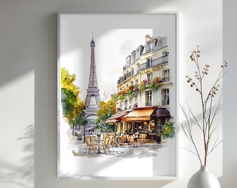 Eiffel Tower Paris Watercolor Art Print, Parisian Cafe Scene