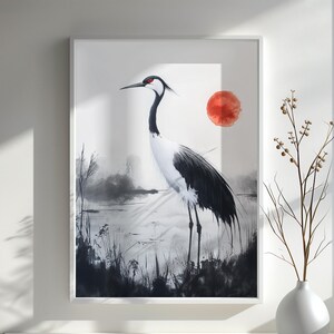 Majestic Crane in Japanese Ink Style Minimalist Crane Art Watercolor Print  Zen Nature Wall Decor Japanese Crane Art Gift