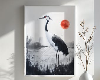Majestätisk trana i japansk bläckstil minimalistisk tranakonst akvarelltryck zen natur väggdekor japansk tranakonst gåva
