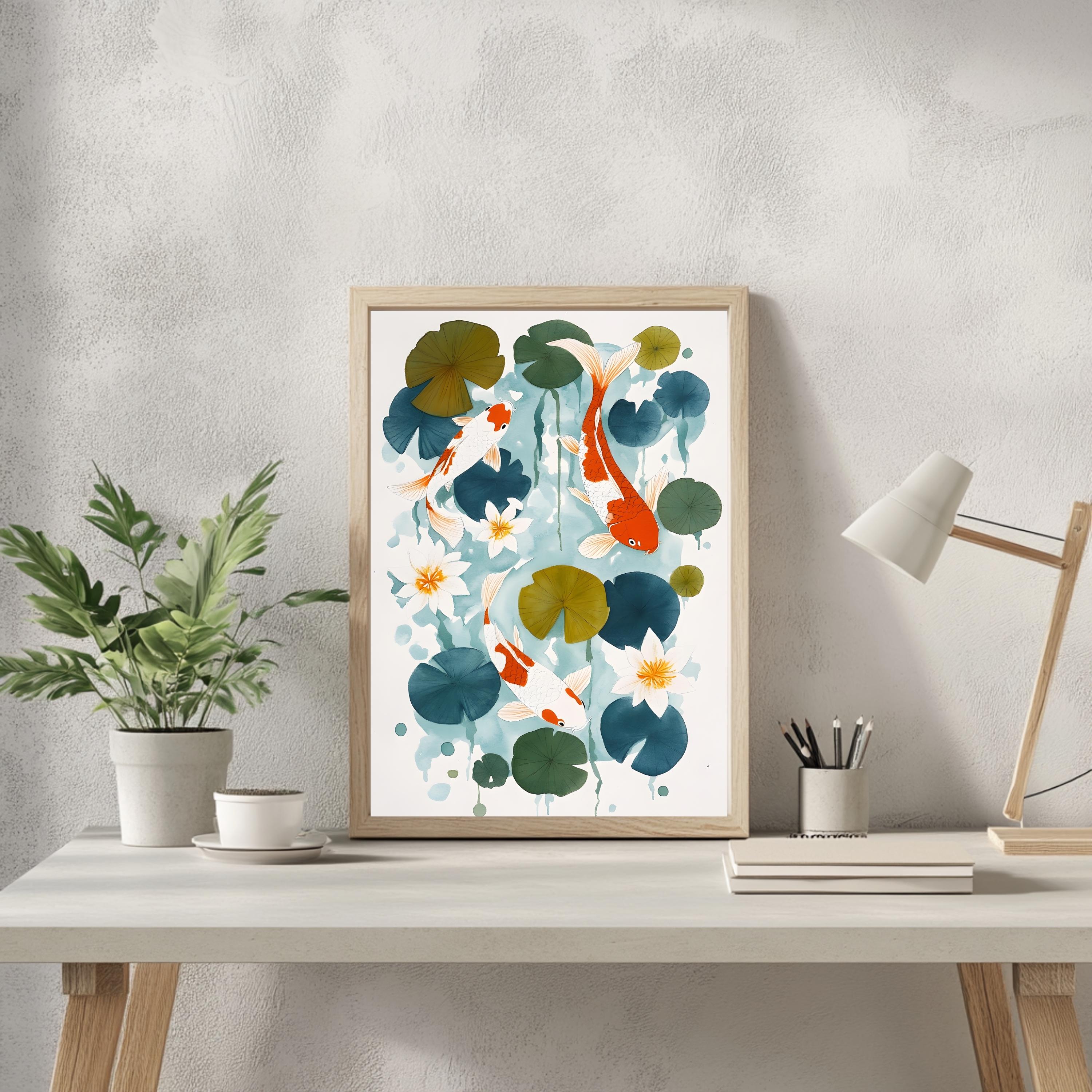 Koi Fish Art Print Watercolor Japanese Decor Serene Pond Scene Nature ...