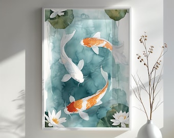 Koi Fish Watercolor Art Print, Zen Japanese Decor