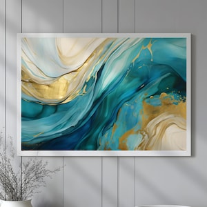 Blue Gold Abstract Art Print Fluid Wall Art Modern Home Decor Luxury Marble Texture Painting Art Gift for Interior Design Lovers