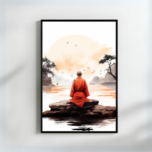 Buddhist Monk Meditation Art Print Tranquil Zen Wall Art Peaceful Decor Art Gift Serene Landscape Home Decor Gift