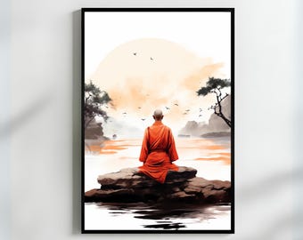 Buddhist Monk Meditation Art Print Tranquil Zen Wall Art Peaceful Decor Art Gift Serene Landscape Home Decor Gift