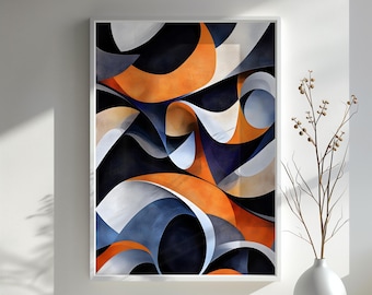 Orange and Blue Abstract Art Print, Modern Geometric Wall Decor