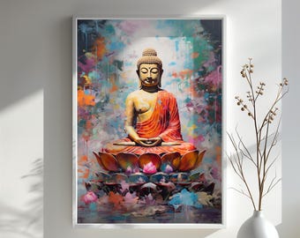 Colorful Buddha Lotus Art Print Vibrant Meditation Wall Art Modern Zen Decor Spiritual Buddha Canvas Tranquil Art Gift