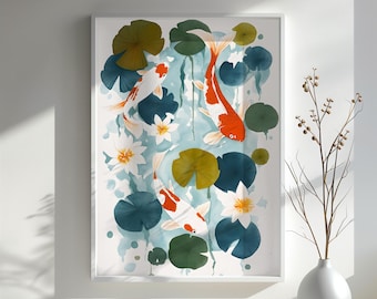 Koi Fish Art Print Watercolor Japanese Decor Serene Pond Scene Nature Wall Art Koi Fish Gift Minimalist Home Decor Art Gift