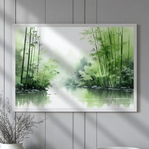 Minimalist Japanese Bamboo Forest Art Print Tranquil Green Landscape Wall Art Zen Nature Decor Calming Asian Inspired Gift