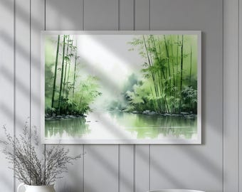 Minimalist Japanese Bamboo Forest Art Print Tranquil Green Landscape Wall Art Zen Nature Decor Calming Asian Inspired Gift
