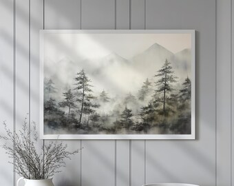 Puede incluir: Una pintura de acuarela de una escena de bosque brumoso con árboles altos de color verde oscuro y una cadena montañosa brumosa en el fondo.