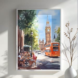 London Art Print Watercolor Big Ben and Street Cafe Scene Perfect Art Gift for Travel Lovers Scenic Wall Decor