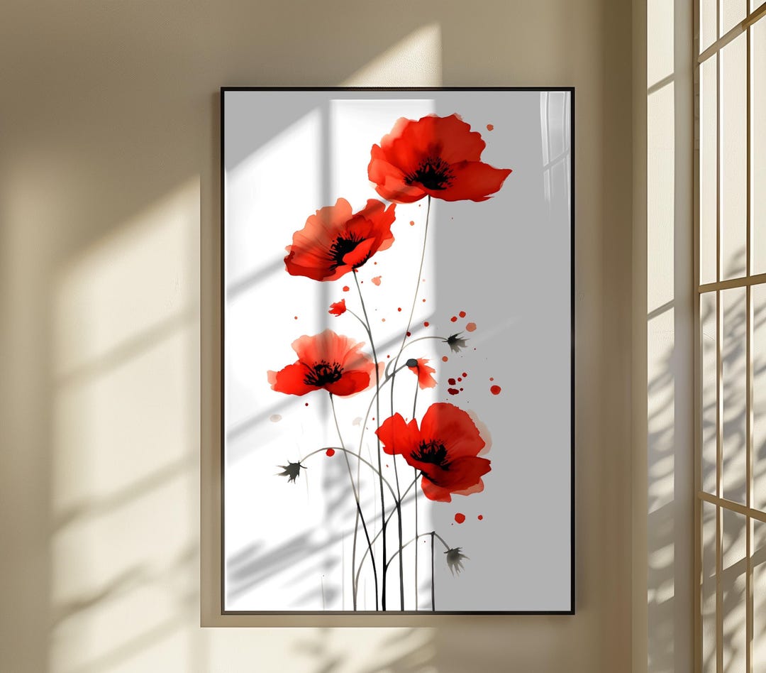Red Poppies Art Print Watercolor Botanical Wall Art Gift Minimalist ...