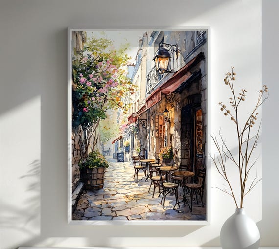 Paris Café Art Print Charming French Street Scene Watercolor Wall Decor for Travel Lovers