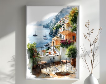 Positano Art Print Coastal Balcony Scene Tyrrhenian Sea View Italy Watercolor Art Gift for Travel Lovers