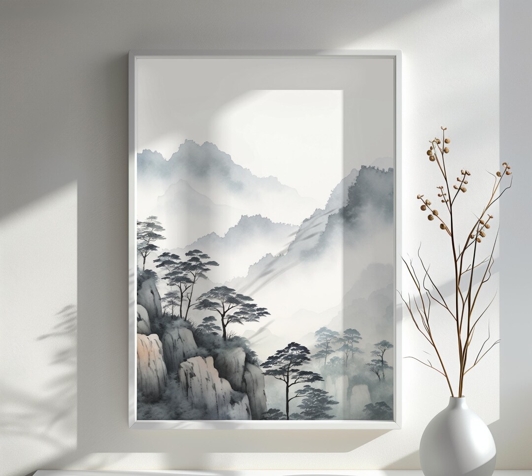 Misty Mountain Pines Wall Art Watercolor Tranquil Mountain Landscape ...
