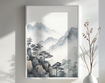 Misty Mountain Pines Wall Art Watercolor Tranquil Mountain Landscape Print Serene Zen Nature Decor Foggy Forest Peaceful Art Gift
